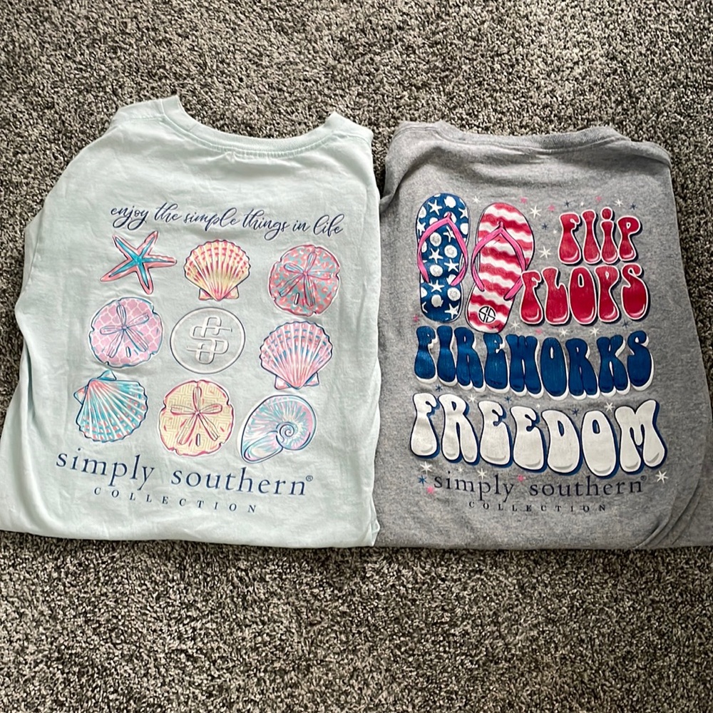 2 simply southern t shirts, both size youth large, one gray and one mint/blue